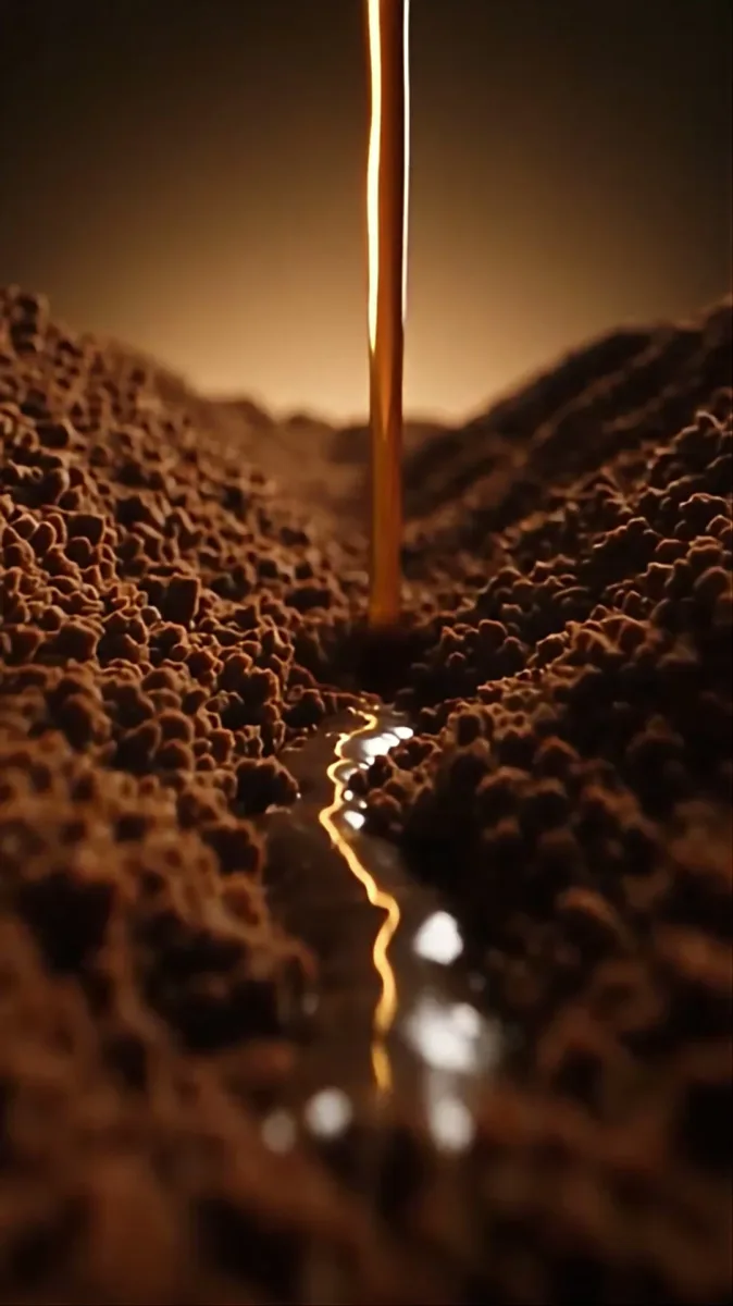 A golden stream of coffee through a stylized landscape of coffee grounds, from xBloom: A World in Your Daily Cup.